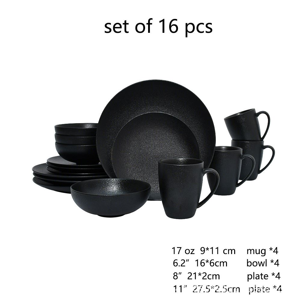 Ceramic black plates bowl dinnerware Set of 4 set de 16 piezas