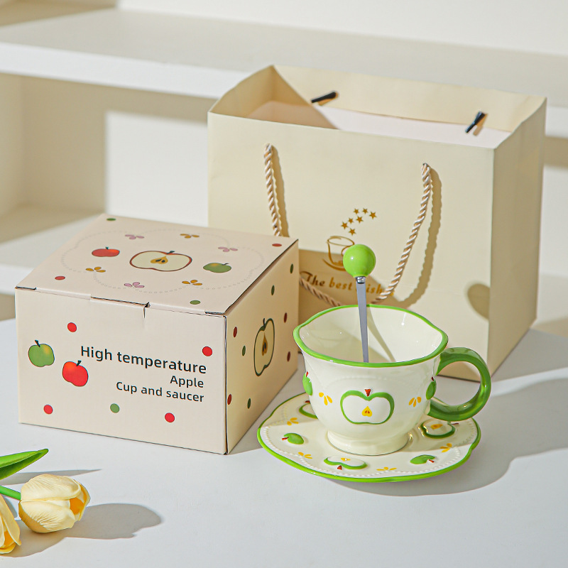 Tazas de café de cerámica de manzana, plato, taza de marca, diseño de relieve pintado a mano original, taza de agua, taza de leche de desayuno