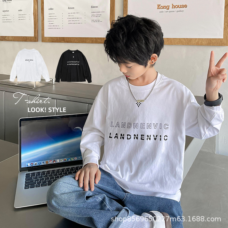 Haima para niños 2024 Primavera y otoño nueva letra impresa Camiseta de algodón de manga larga para niños de estilo coreano camisa de fondo para niños