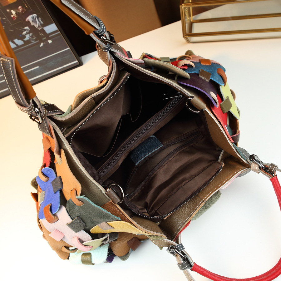New High-End Women's Handbag Woven Leather Patchwork Large Capacity Shoulder Crossbody Bag Colorful Stylish_voghion.com