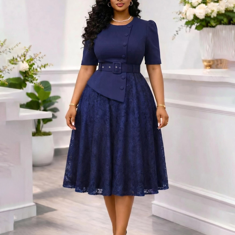 D637 European and American Women's Clothing 2026 Summer New Fashion Socialite Lace Splicing High-Waisted Plus-Size Faux Two-Piece Dress