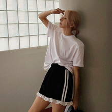 韩国代购女装货源基础纯色净版短袖T恤女垫肩袖口卷边设计女式T恤