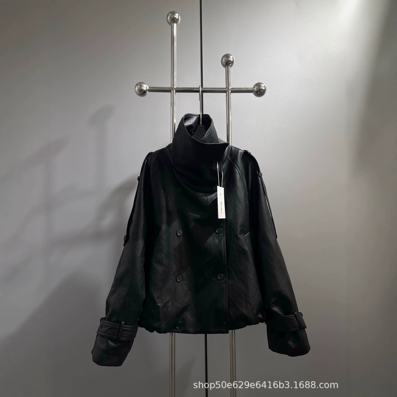 2026 new Ac1996 style black sheepskin jacket for women, featuring a stand-up collar, double-breasted design, and a loose, oversized silhouette, perfect as a motorcycle jacket