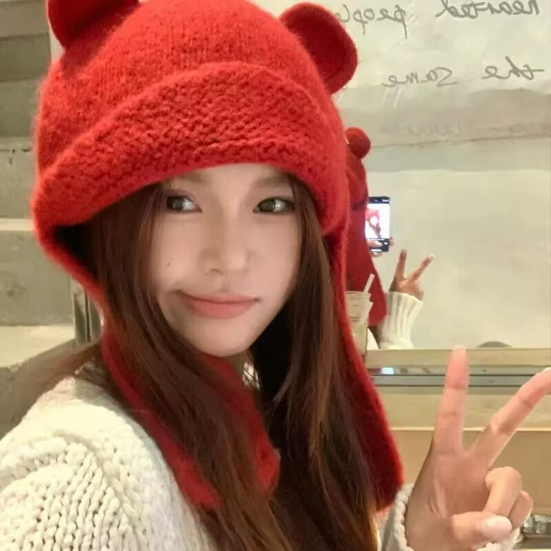 日系减龄可爱针织耳朵小熊含羊毛线帽雷锋子女护耳新款保暖帽子|undefined
