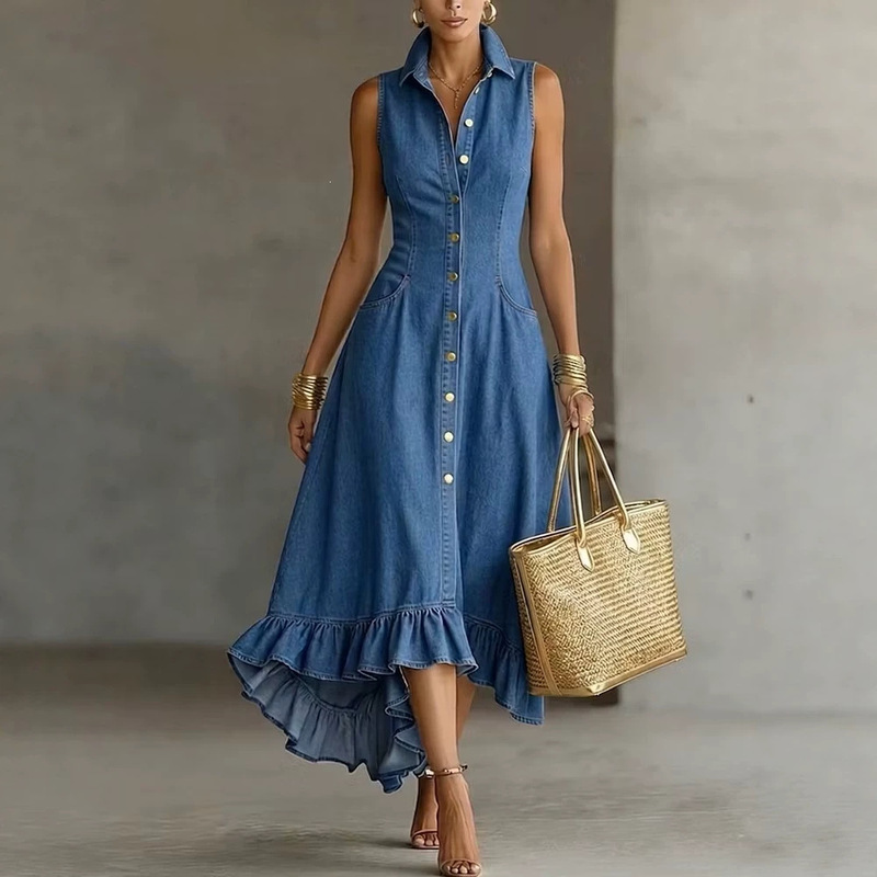 2026 European and American cross-border women's clothing Amazon bestseller spring-summer sleeveless mid-length ruffled washed denim dress 2026 European and American cross-border women's clothing Amazon bestseller spring-summer sleeveless mid-length ruffled washed denim dress