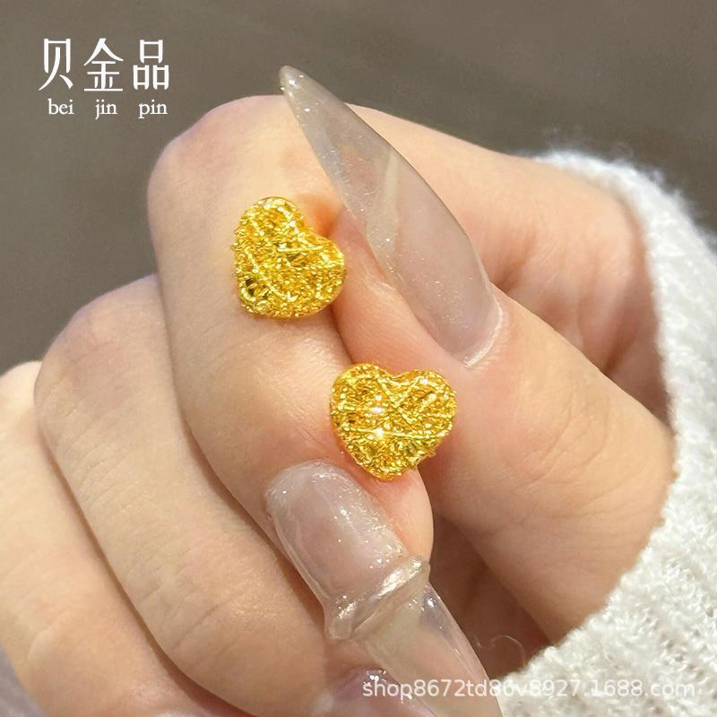 999足金爱心耳钉女2024新款5G黄金拉丝素金耳环耳饰520情人节礼物