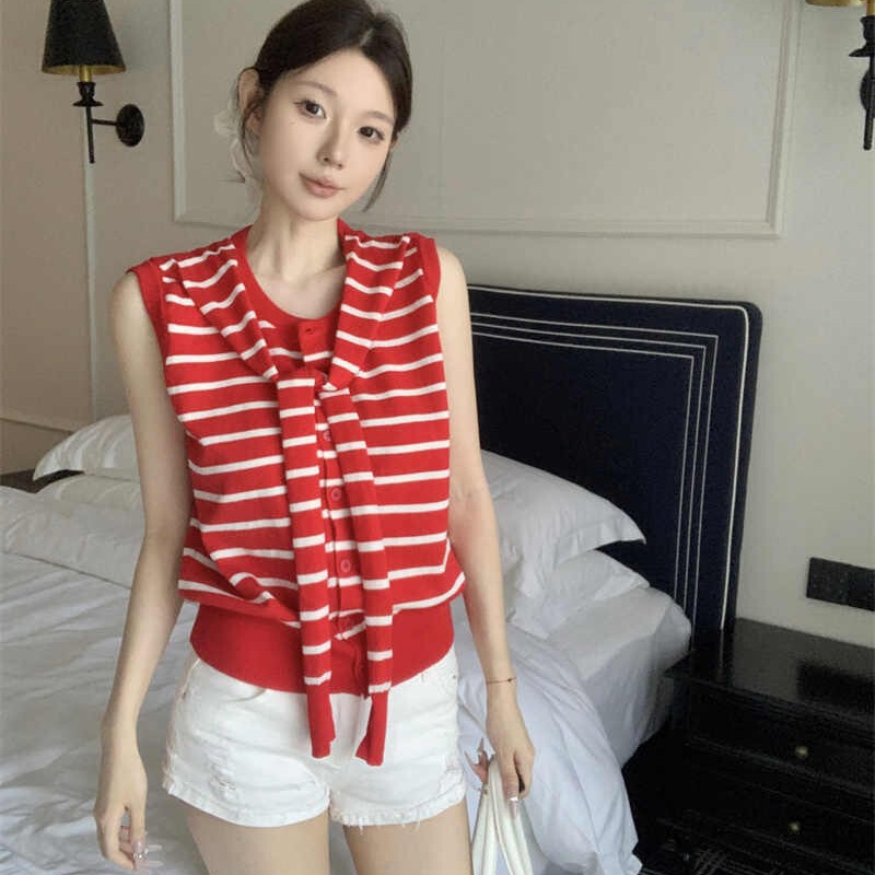 Korean-Style Design Fake Two-Piece Striped Sleeveless Knitted Cardigan Top for Women, Summer Niche Chic Knitted Vest Korean-Style Design Fake Two-Piece Striped Sleeveless Knitted Cardigan Top for Women, Summer Niche Chic Knitted Vest