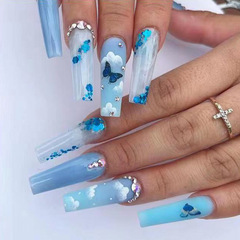 Blue ice transparent butterfly shiny diamond long wear nails wholesale fake nails foreign trade model press on nails