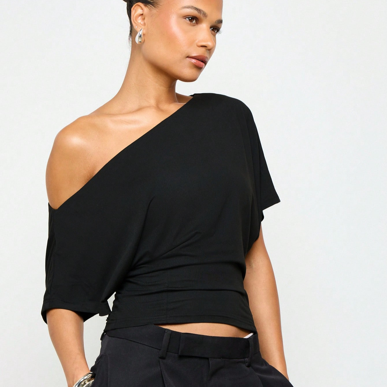 Hot Girl Style One-shoulder Batwing Sleeve Waist-cinching Short-sleeve...