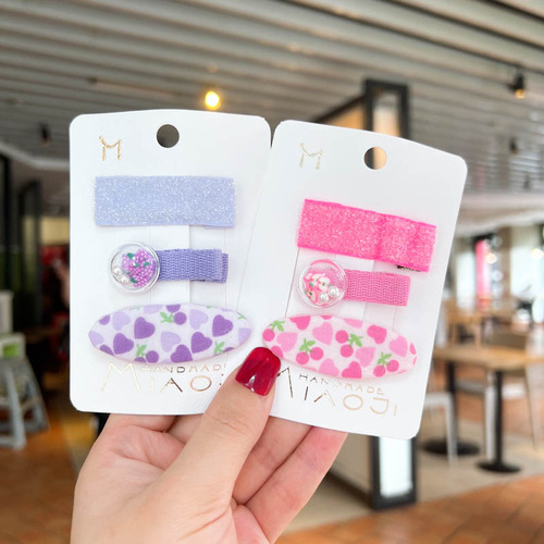 New children's hair clip baby quicksand quicksand sequin pressure clip girls fabric oval floral BB clip three-piece set