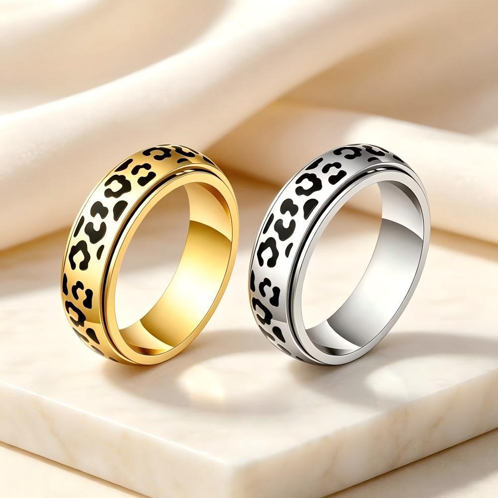 Amazon wholesale: Leopard-print rotating stainless steel ring, hip-hop style, unique and stress-relieving, with a rotating titanium steel band