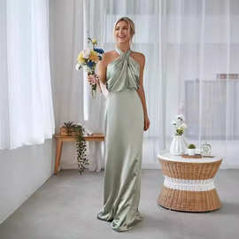 亚马逊欧美春季新品伴娘礼服气质高雅挂脖纯色外贸舞会聚会晚礼服