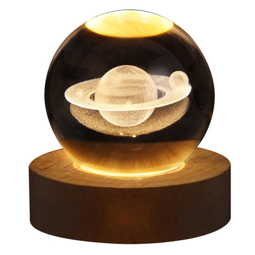木质底座3D内雕发光星球土星月亮水晶球灯创意礼品摆件六一学生
