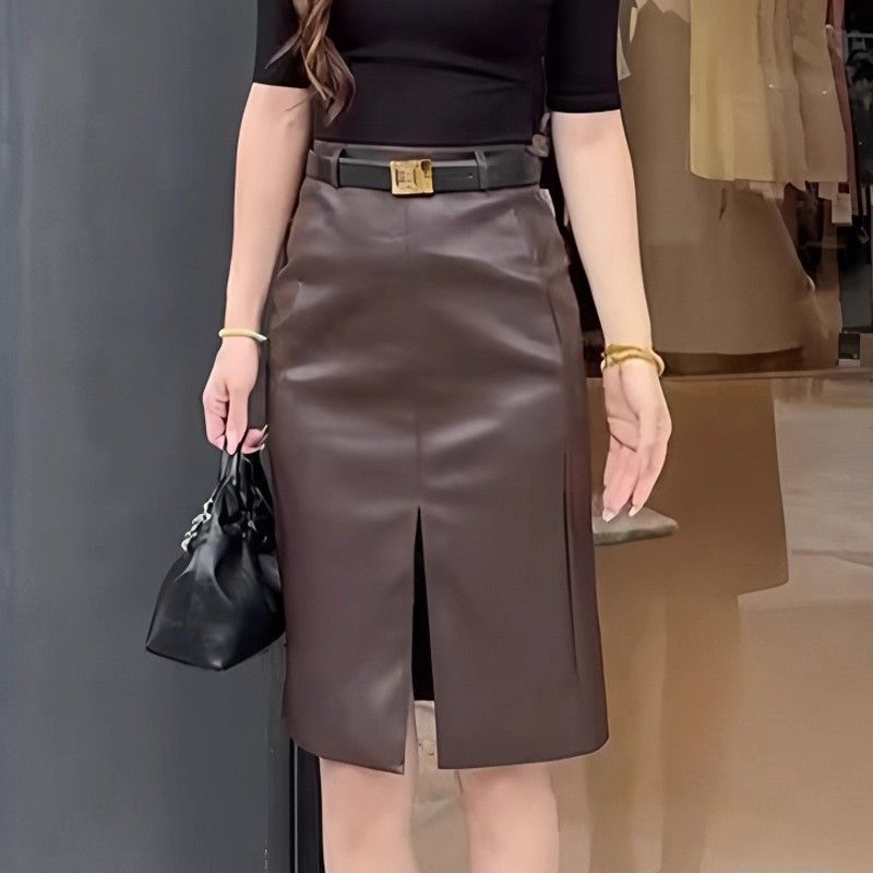 感PU皮半身裙女2025秋季新款高腰显瘦前开叉包臀气质a字裙