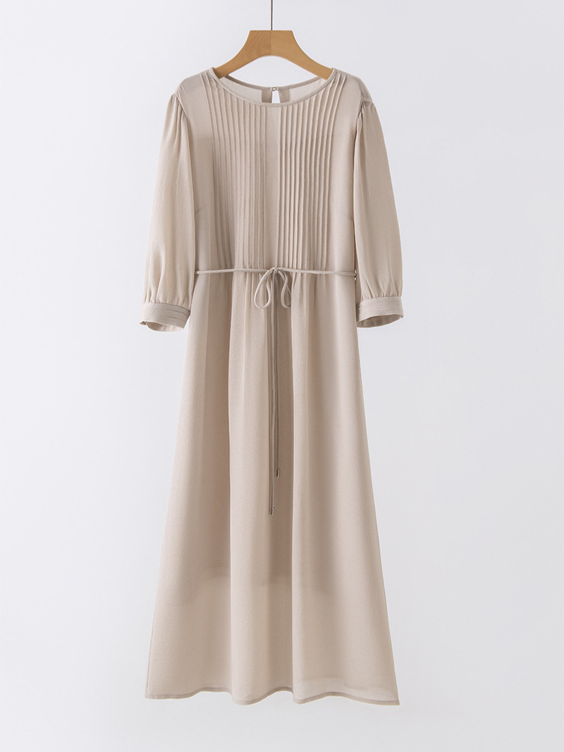 Summer silk long dress with a round collar