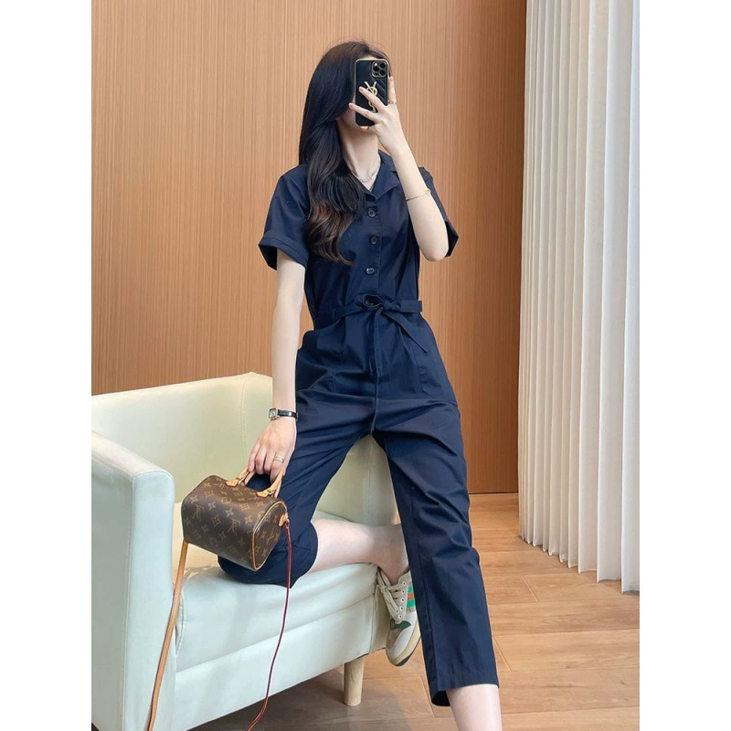 Корейский стиль миниатюрный однотонный повседневный комбинезон 2025 новый элегантный комбинезон с высокой талией рабочая одежда прямой крой комбинезон