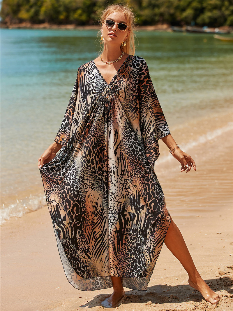 224g Weight Sunscreen Shirt Outerwear Type 3/4 Length Sleeve Sleeve Length Polyester Fabric Type Long Top Length V Neck Neckline Printing, Leopard Pattern Spring&Summer Season Women's Gender Vacation, Beach Style Women's Printing Leopard Vacation Beach Cover Ups 71