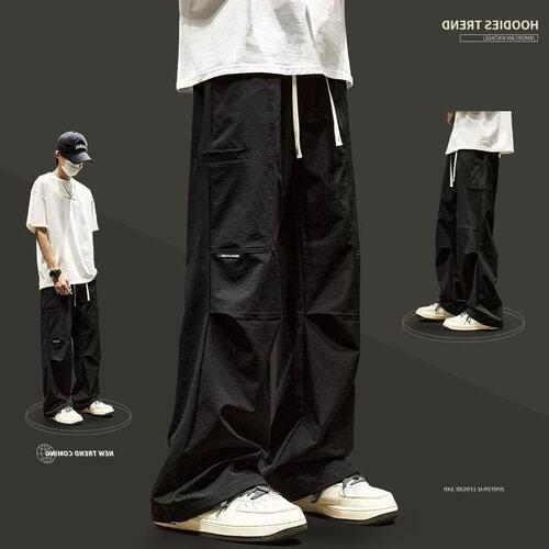 American style handsome overalls men's spring and summer new style loose fashion brand casual pants men's black straight long pants