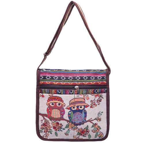 Crossbody Canvas Bag for Women Ethnic Style Double-Sided Embroidered Animal Slope Travel Single Shoulder Crossbody Bag Small Fabric Bag Retro