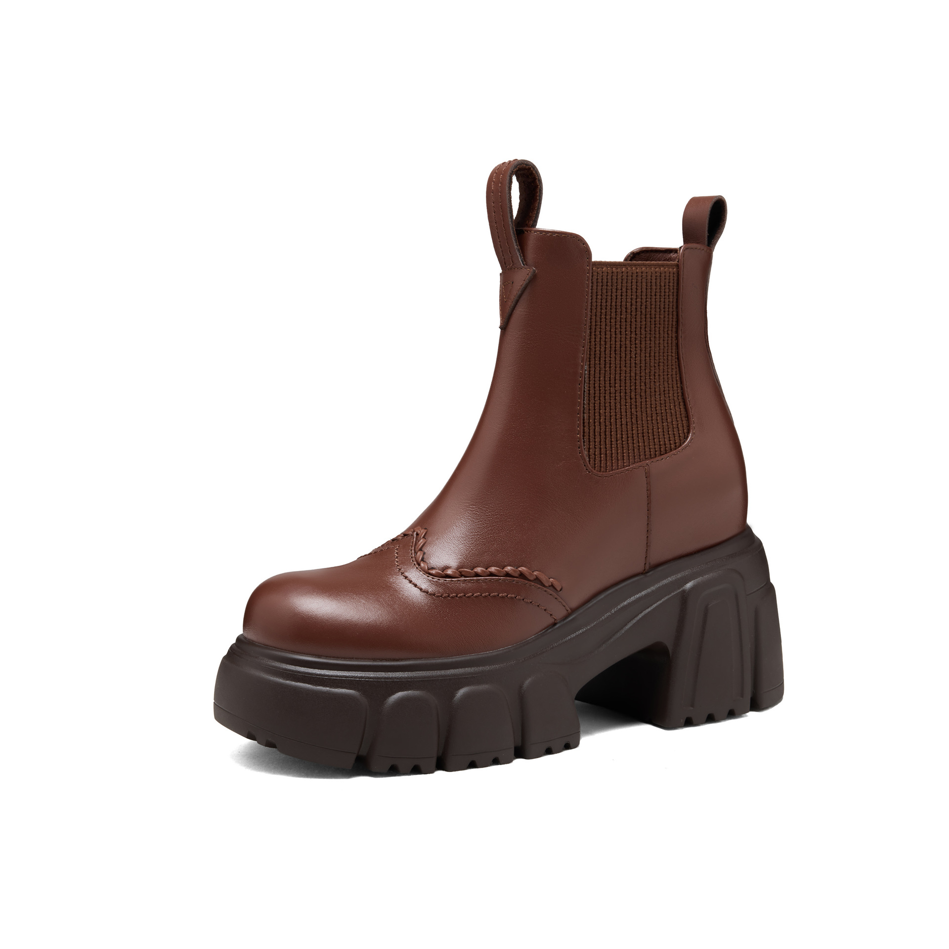 Giày bốt Chelsea nữ cổ thun tăng chiều cao gót 10 cm đế dày da nâu — Lớp lót nhung đen