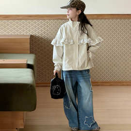 女童洋气蕾丝花边外套2026秋装新款大童时髦休闲立领风衣夹克上衣