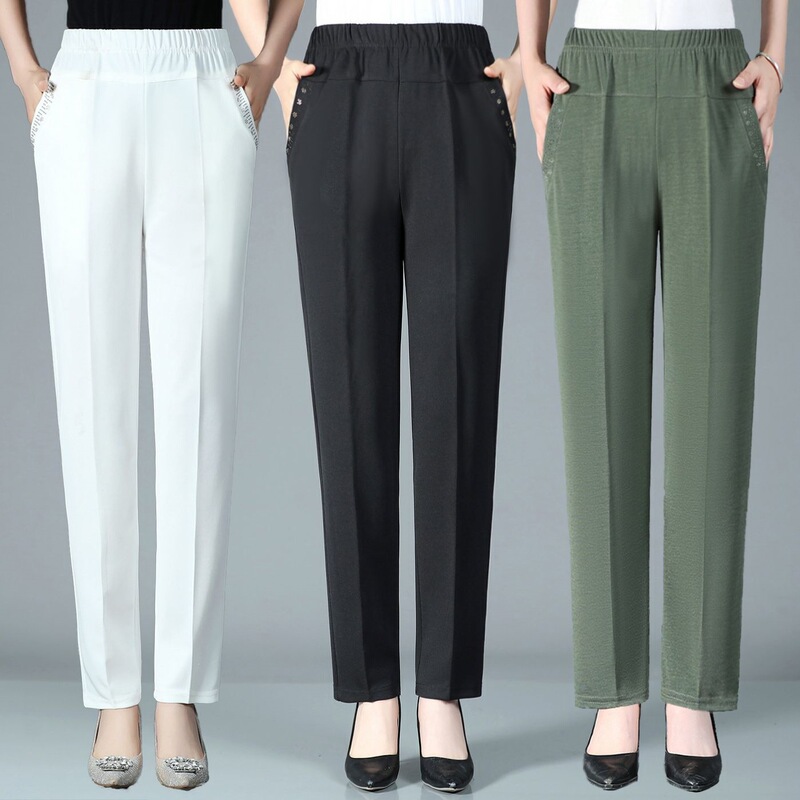 Summer Thin High-Waisted Elastic Mom Pants for Middle-Aged Women, Straight-Leg Casual Pants, Solid Color, Plus Size Middle-Aged Women's Pants