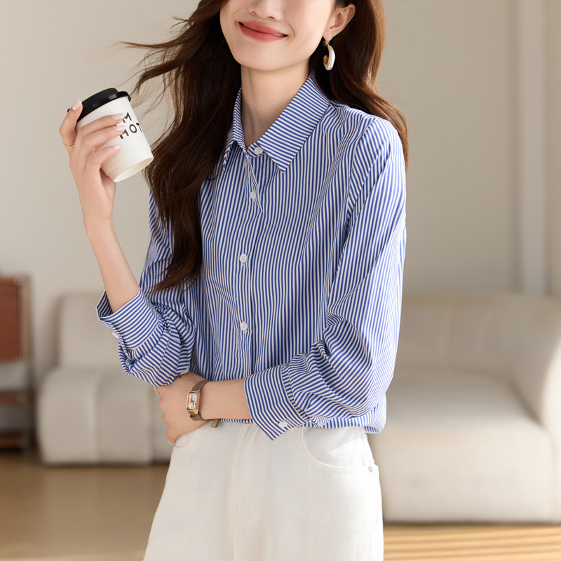 Vertical Blue and White Striped Shirt for Women, Long-Sleeved, Versatile, Slimming, Layered, Suitable for Commuting, Petite Size, Turn-Down Collar, Professional Top, Spring, Regular Shoulder
