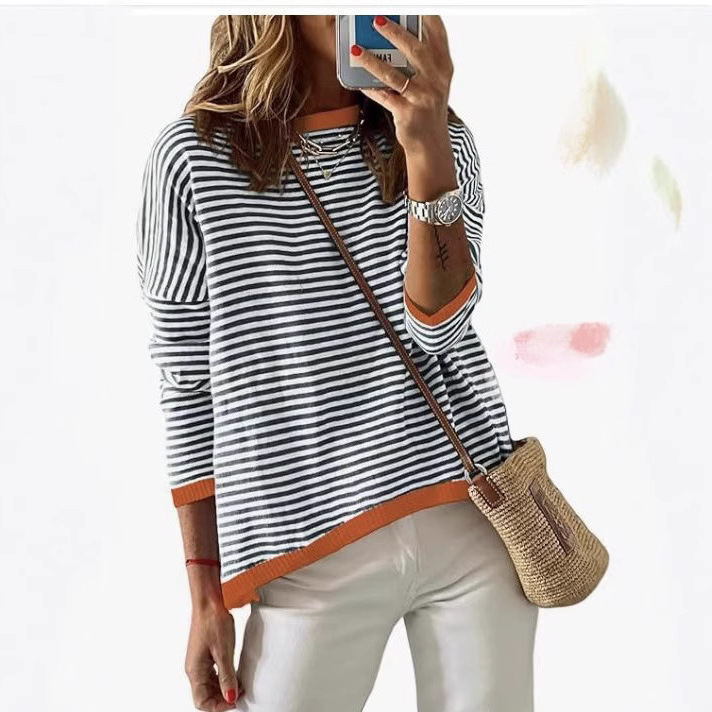 Autumn and Winter New Knitted 2025 Cross-Border Amazon Contrast Stripesd Off-Shoulder Versatile Round Neck Long-Sleeved Pullover Sweater for Women