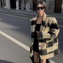 韩系格子毛呢西装外套女装秋冬中长款赫本风宽松气质加厚呢子大衣