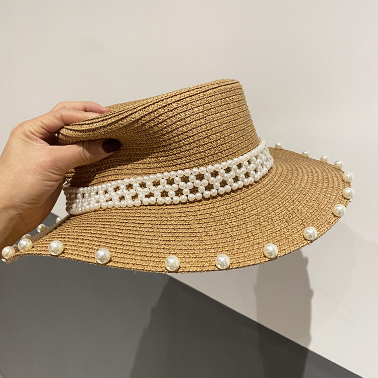 Summer Retro Large Brim Sunscreen Pearl Straw Hat display picture 7