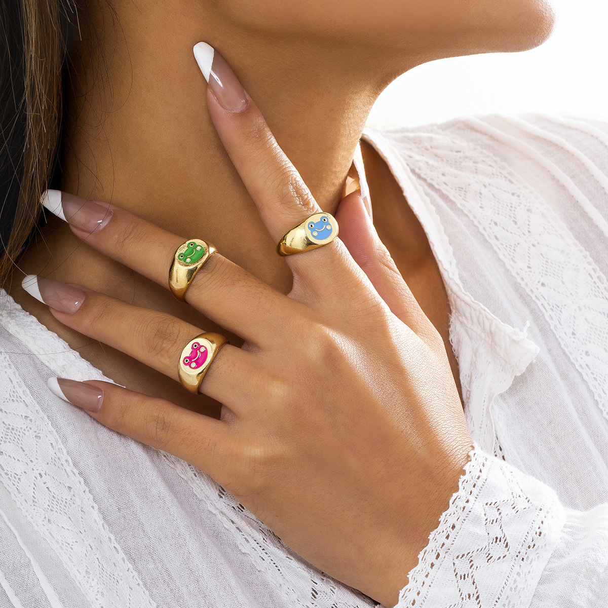 Anneau de grenouille brillant minimaliste personnalisé avec ouverture d'animal dégoulinant d'huile avec anneau de grenouille brillant à la mode et réglable pour accessoires_voghion.com