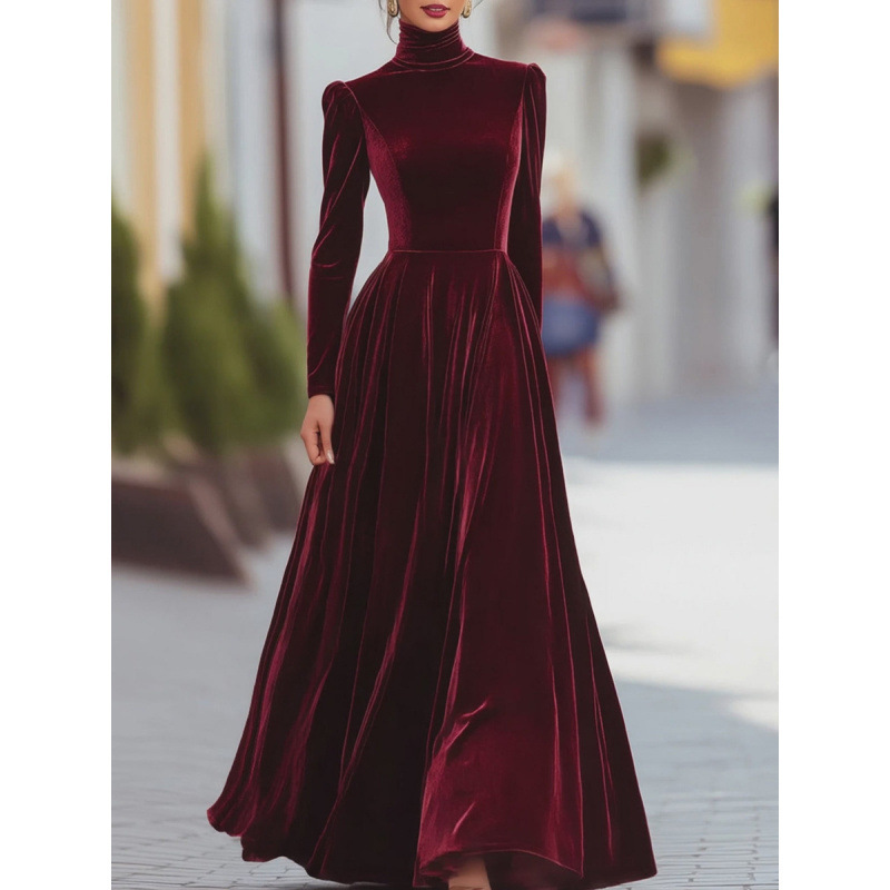 European and American Cross-Border Foreign Trade Women's Clothing Autumn and Winter Velvet High-Neck Puff Sleeve Waist-Cinching Large Hem Elegant Long Dress