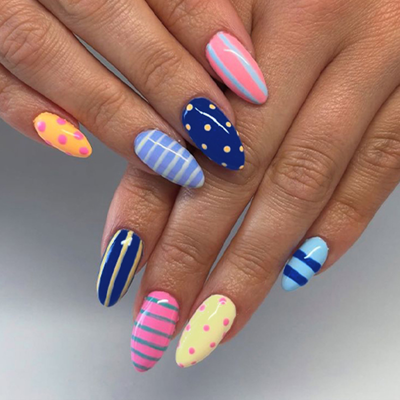 Cross-Border Summer Nail Art with Bright Colors, Stripes, Dots, Cute Almond-Shaped Press-On Nails in an Instagram Style Cross-Border Summer Nail Art with Bright Colors, Stripes, Dots, Cute Almond-Shaped Press-On Nails in an Instagram Style