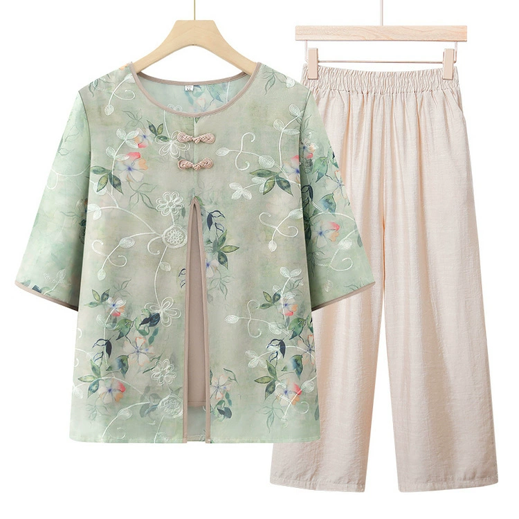 Мама летняя мода вышивка поддельные топы из двух топов среднего и пожилого женского возраста с круглым вырезом с полукрутом маленькая рубашка бабушка летняя новая