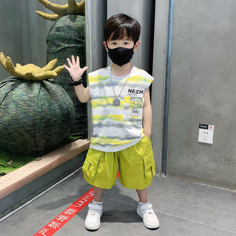 ネザ服男の子サマースーツ子供服新しい子供ベビー夏男の子ストライプノースリーブベスト 2 点セット|undefined