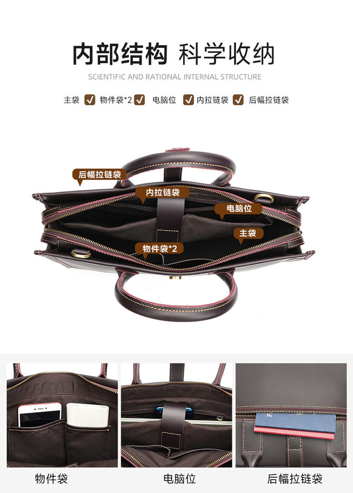 Túi xách tay nam da bò thật công sở đựng laptop 14 inch, cặp đựng tài liệu đeo vai — Màu cà phê chi tiết 14