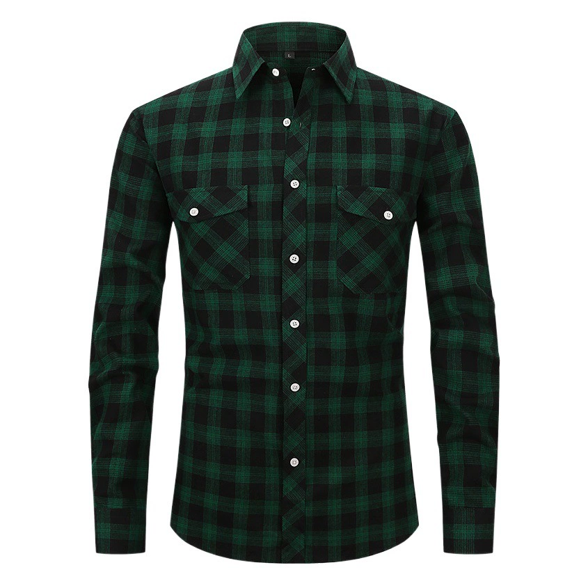 Весенне-летняя тонкая модная универсальная фланелевая мужская рубашка в клетку Amazon с длинными рукавами и двойными карманами