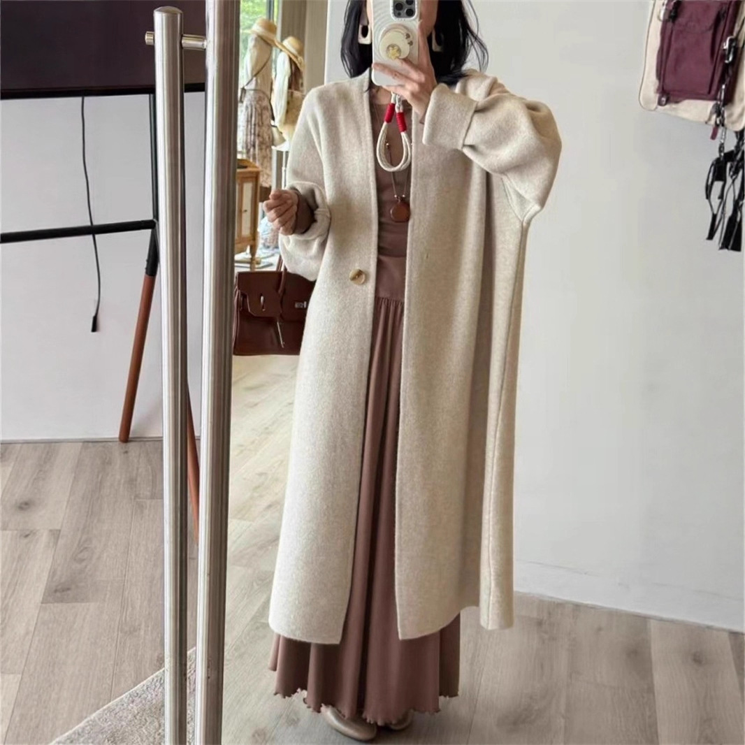 慵懒风一粒扣长款V领毛衣外套女装秋冬季高级感宽松针织开衫大衣