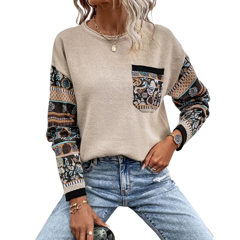 Women's Clothing Women's Autumn Knitted Loose Sweater Round Neck Color Block Long Sleeve Top For Formal & Casual For Women_ecoleips.com