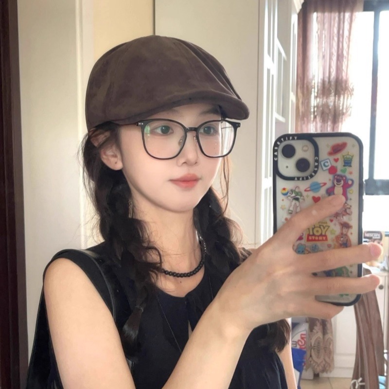 2025新款麂皮绒前进帽女英伦风复古大头围贝雷帽小众百搭画家帽子|undefined