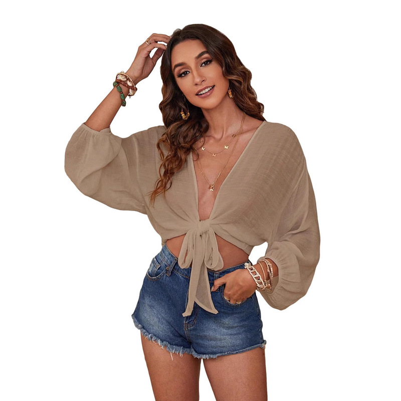 2026 Beach Cover-Up Sexy Bikini Resort Style Women's Cotton and Linen Lace-Up Cutout Cardigan Sun Protection Clothing Upf50+ 2026 Beach Cover-Up Sexy Bikini Resort Style Women's Cotton and Linen Lace-Up Cutout Cardigan Sun Protection Clothing Upf50+
