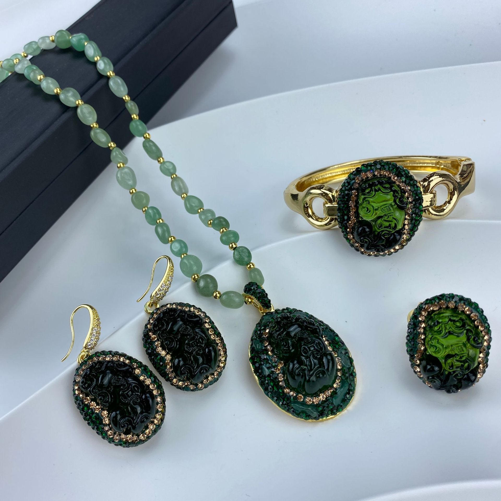 Natural Pixiu jewelry set color-retaining electroplating inlaid…