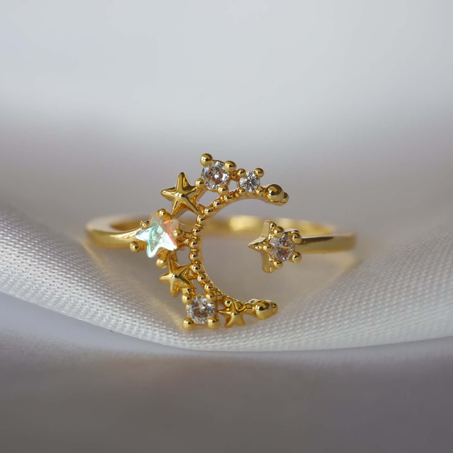 Cross-Border Hot Selling Ins Style Moon Star Ring Women's Retro Opening Adjustable Colorful Zircon Ring