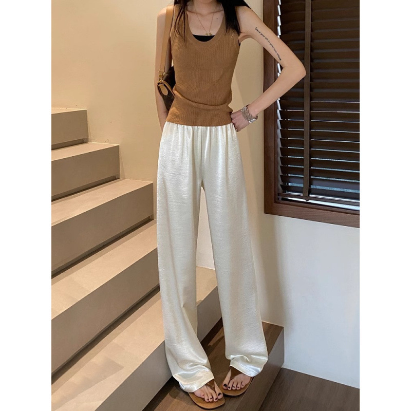 女性用ホワイトワイドレッグパンツ、ハイウエストサマーサテンアセテートカジュアルストレートパンツ、薄いアイスシルククールクラウドロングパンツ|undefined