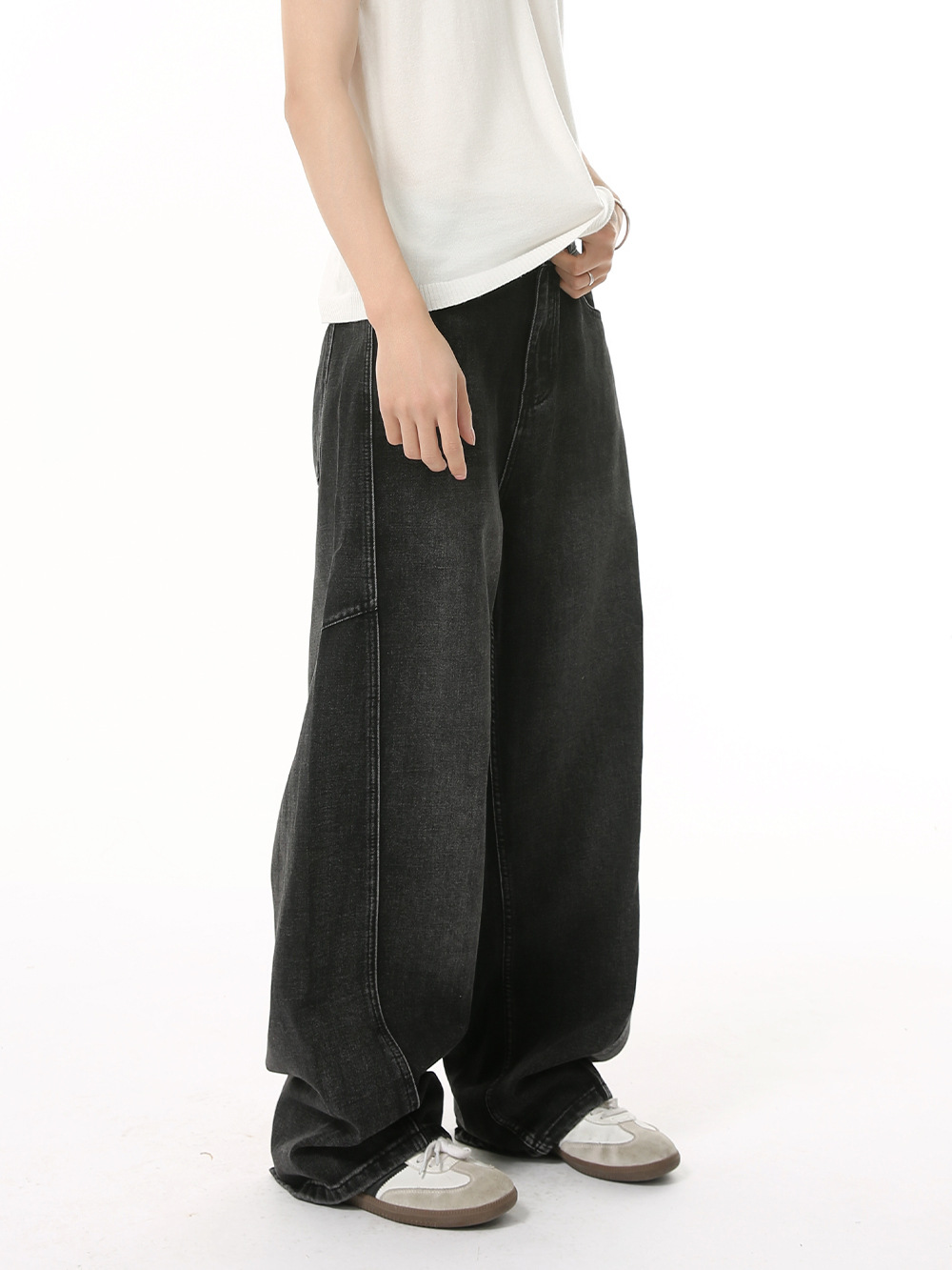 MTLCLOTHES para hombre | American Four Seasons Costuras Deconstruidas Pantalones de mezclilla gris negro sueltos de pierna ancha Tren casual