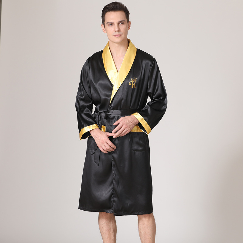 Cross-border New Men's Summer Silk Bathrobe Nightgown Men's Summer Thin Ice Silk Pajamas Plus Size Bathrobe Home Clothes