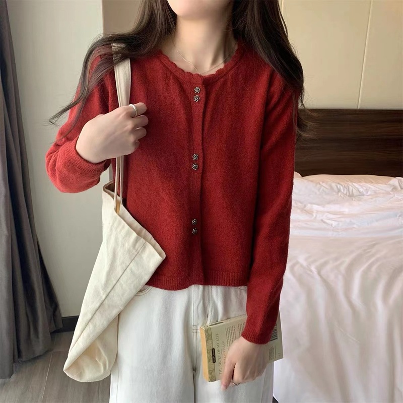 甜美温柔风玫瑰纽扣毛衣开衫短款上衣波浪花边圆领长袖针织衫外套|undefined