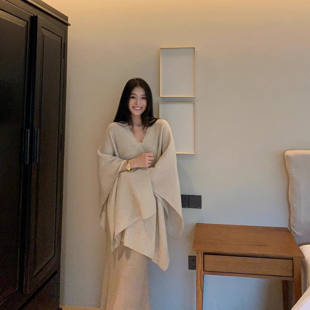气质温柔风显瘦直筒披肩鱼尾裙不压身高羊毛针织百搭坎肩长款半裙