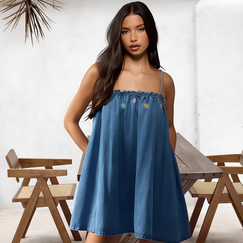 Amazon Cross-Border New Denim Suspender Dress with Fresh Small Flower Embroidery Loose A-Line Women's Short Skirt