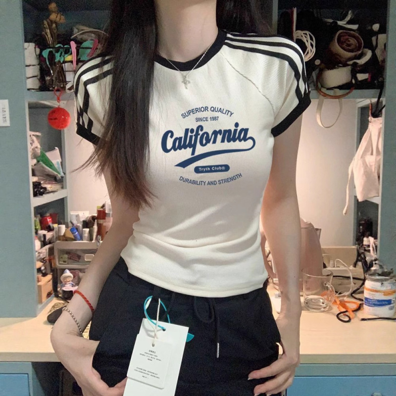 アメリカンスリーバー ストライプ半袖Tシャツ レディース レトロ 和風 薄手 甘辛 夏新作 右肩ショート インストップス|undefined